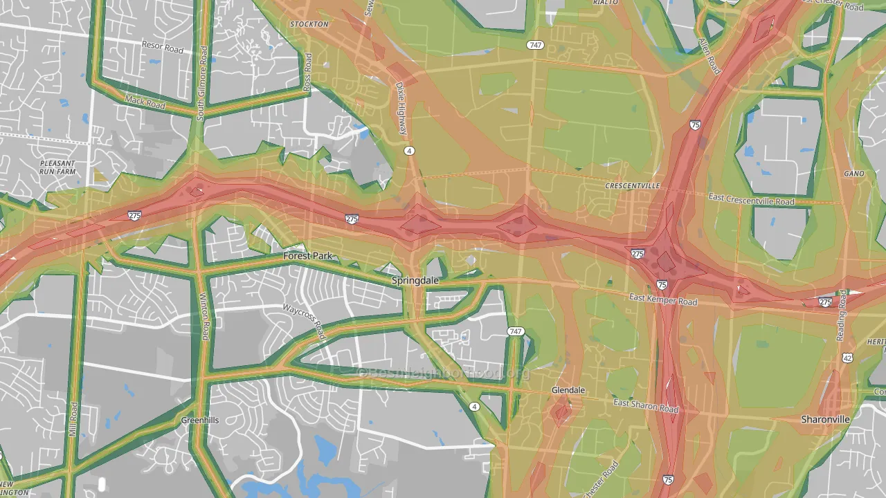 Springdale, OH Map of Noise Levels in Springdale