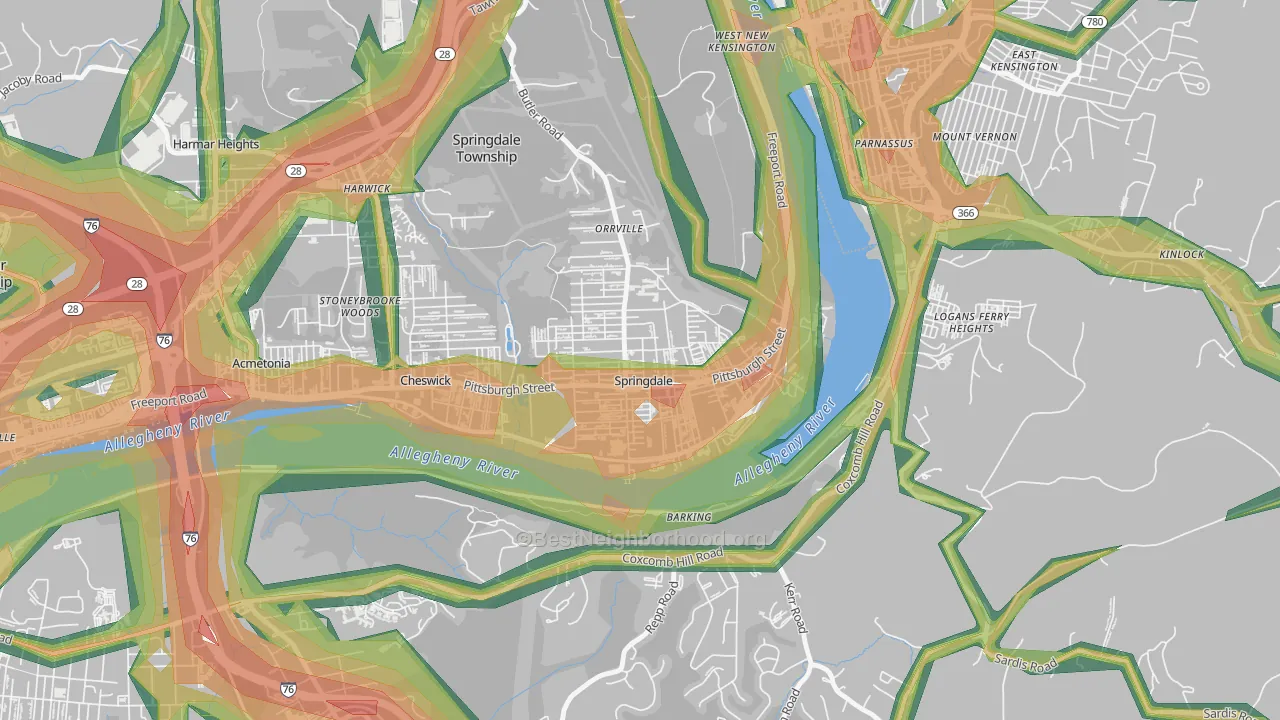 Springdale, PA Map of Noise Levels in Springdale