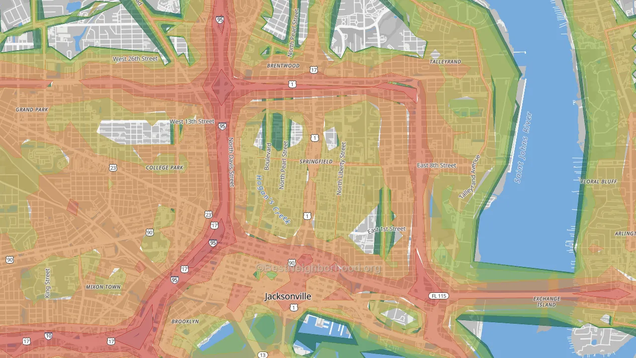 Springfield, Jacksonville, FL Map of Noise Levels in Springfield