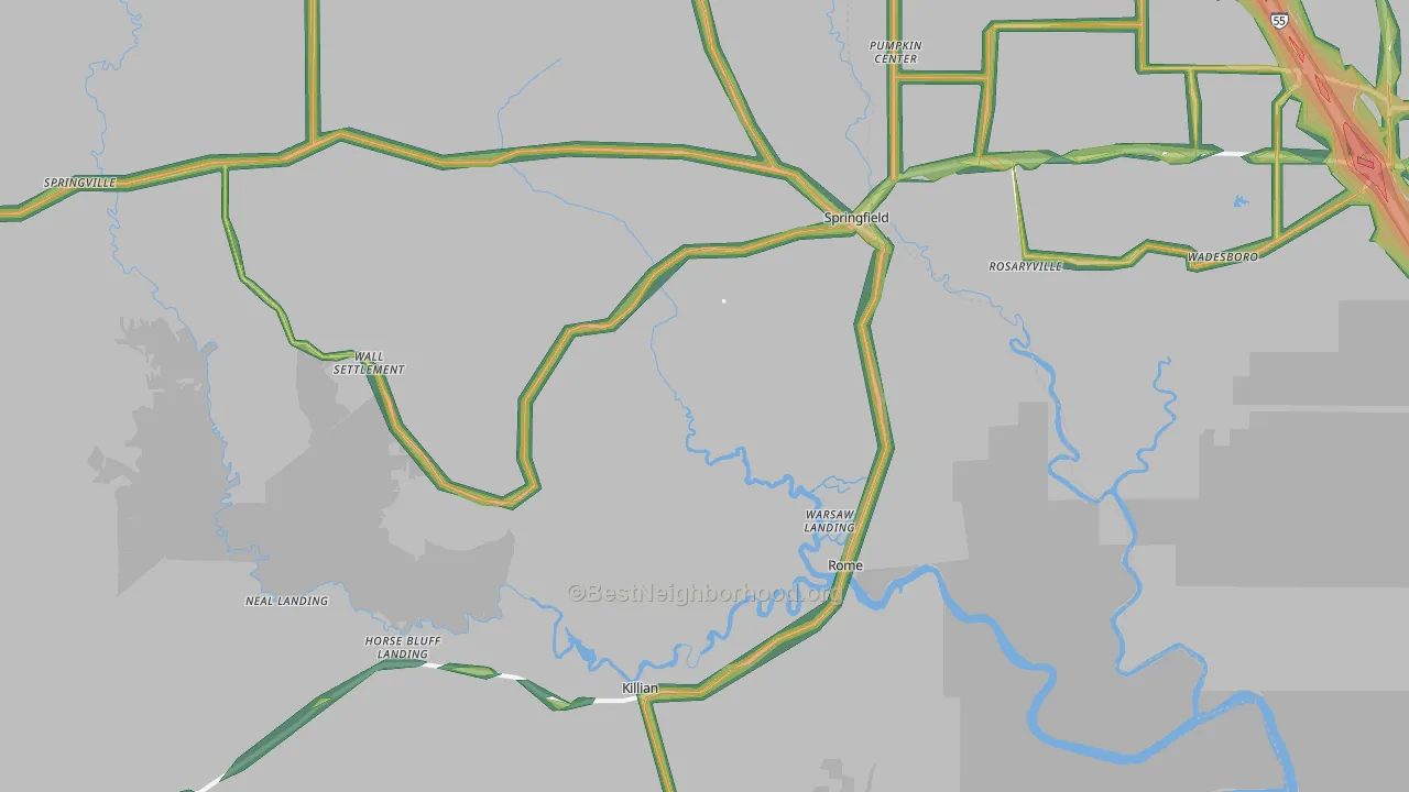 Springfield, LA Map of Noise Levels in Springfield