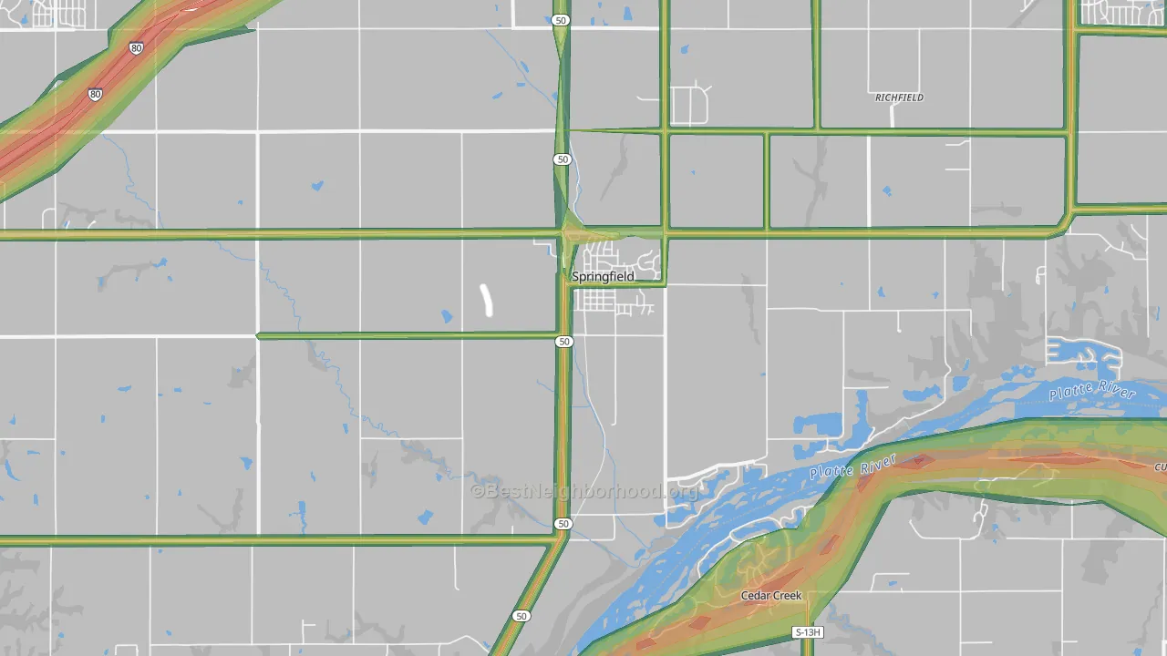 Springfield, NE Map of Noise Levels in Springfield