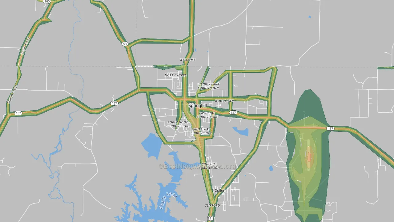 Springhill, LA Map of Noise Levels in Springhill