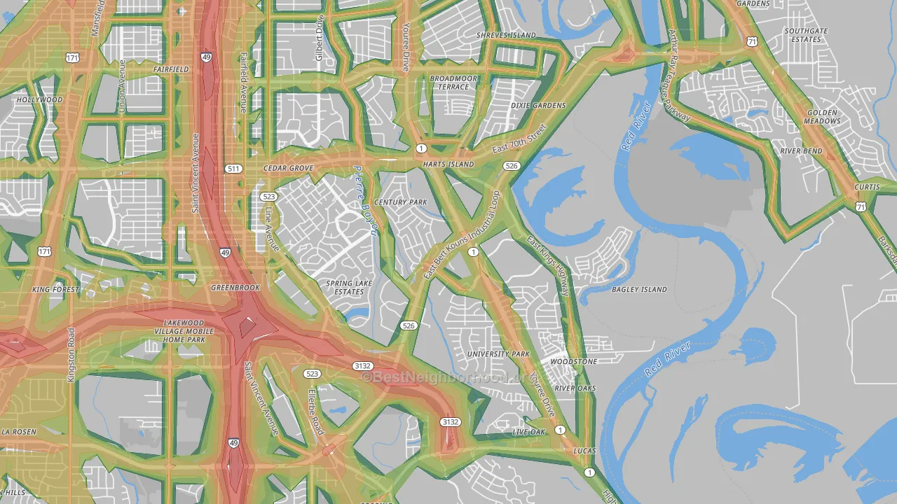 Springlake-University Terrace, Shreveport, LA Map of Noise Levels in Springlake-University Terrace
