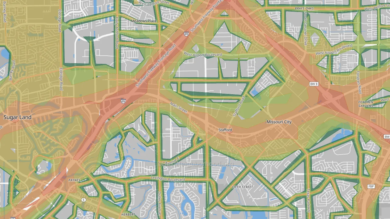 Stafford, TX Map of Noise Levels in Stafford