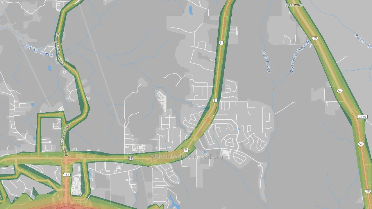 Steelwood, AL Map of Noise Levels in Steelwood