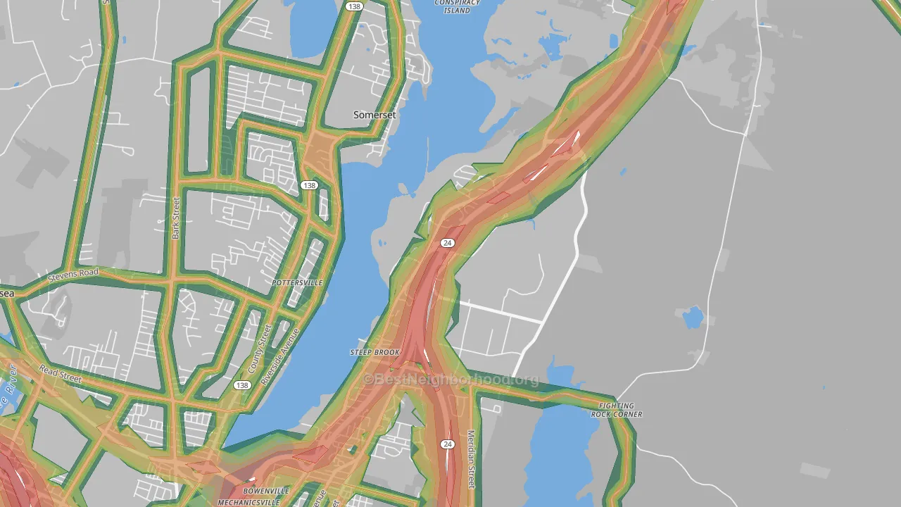 Steep Brook, Fall River, MA Map of Noise Levels in Steep Brook