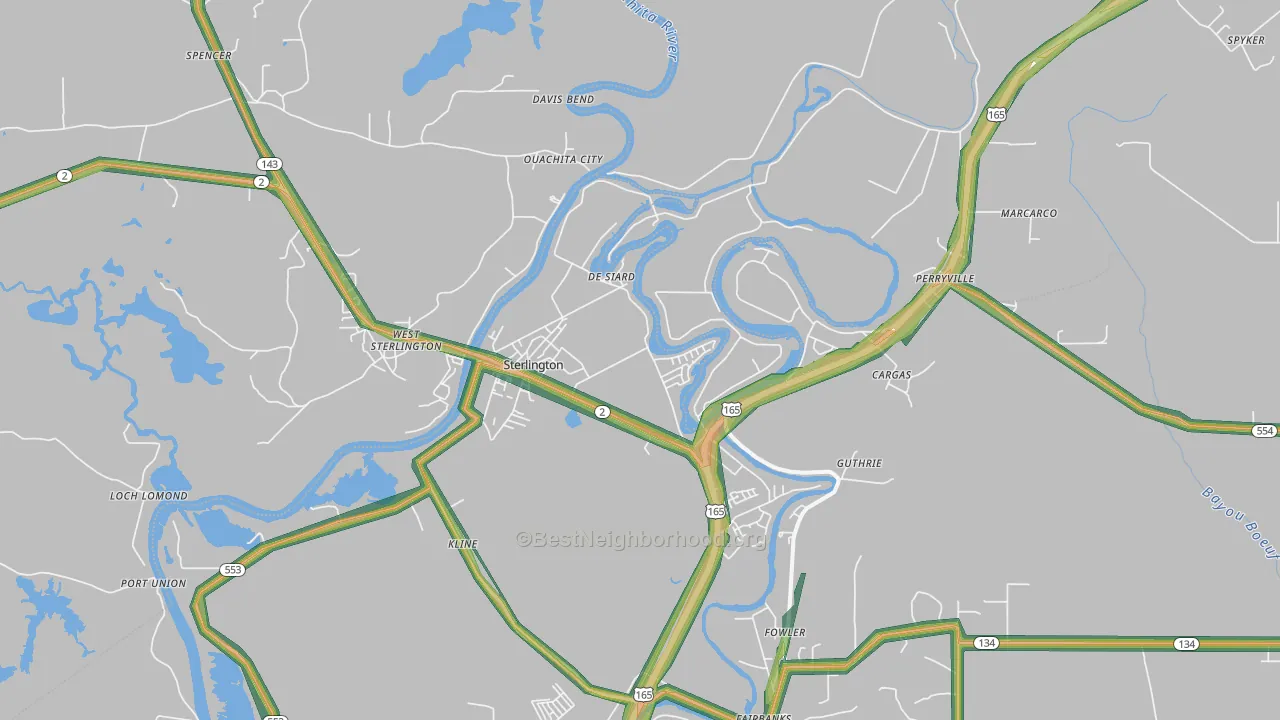 Sterlington, LA Map of Noise Levels in Sterlington