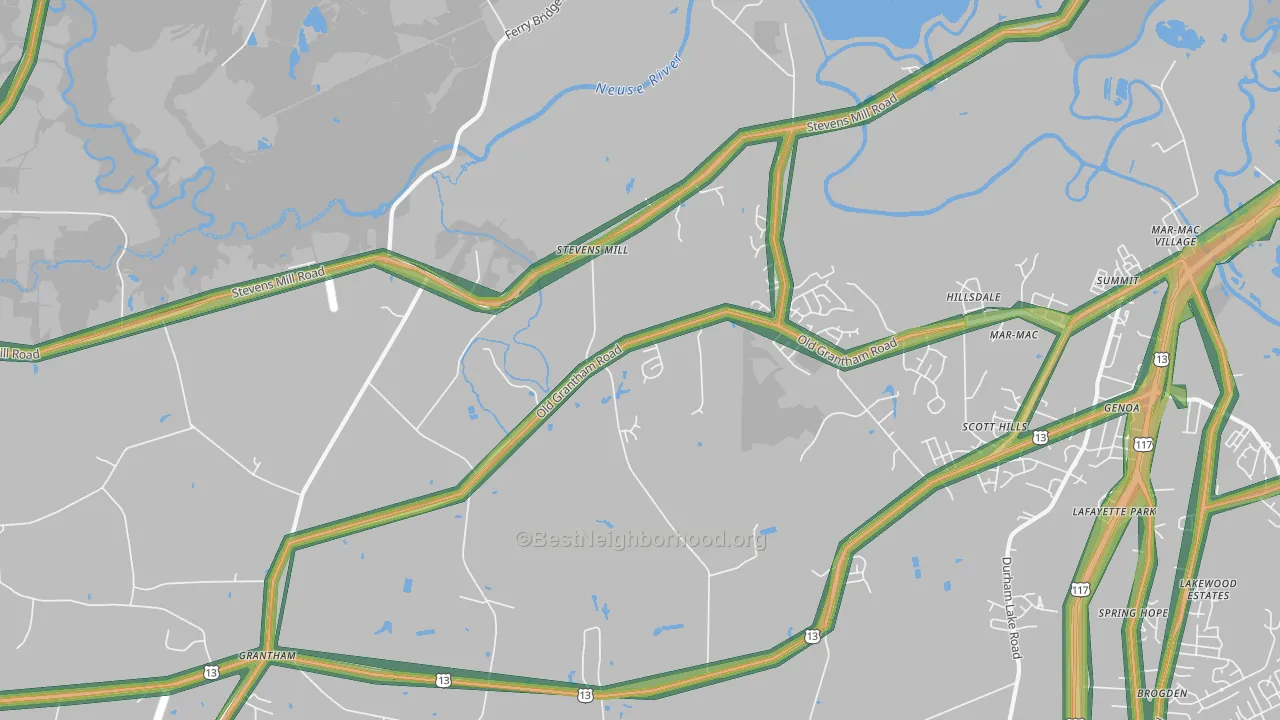Stevens Mill, NC Map of Noise Levels in Stevens Mill