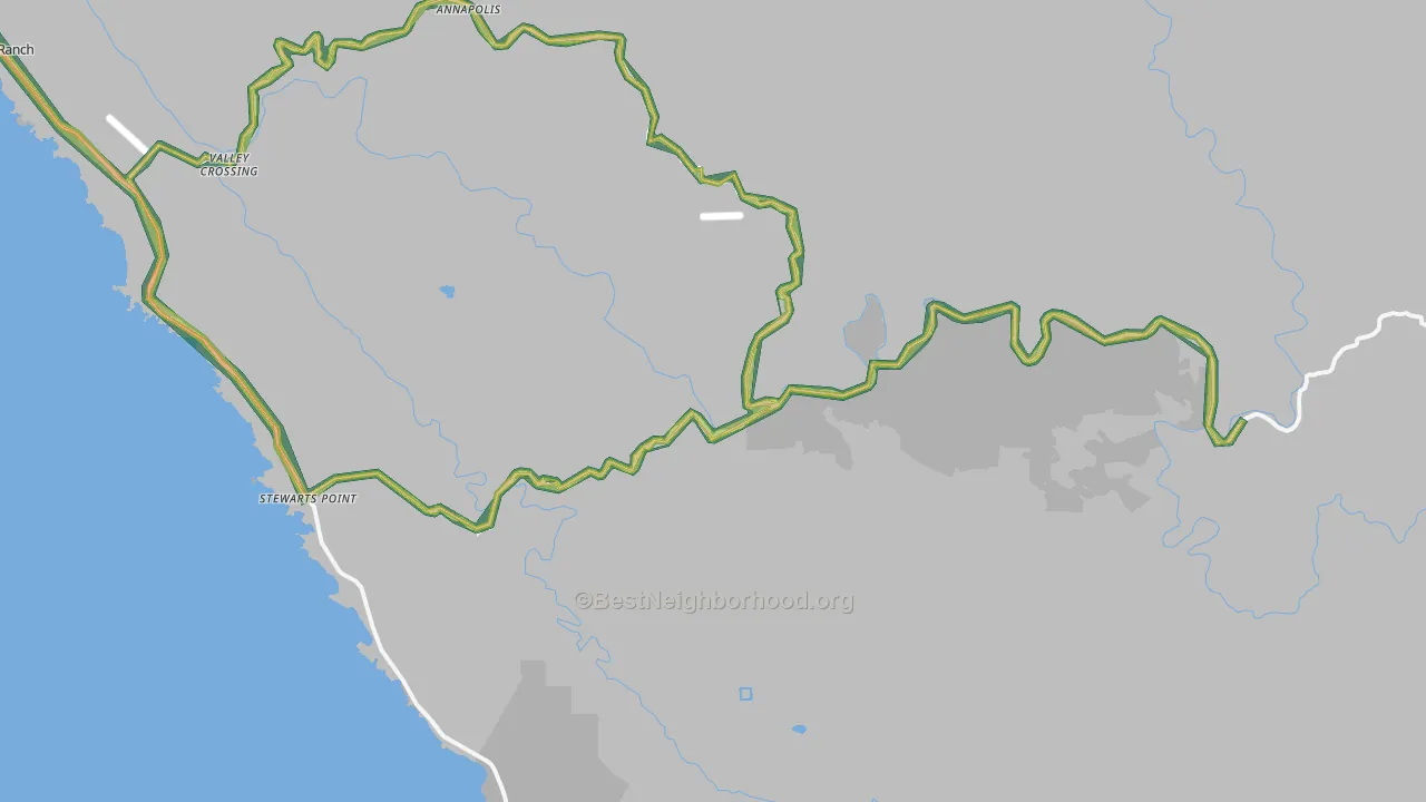 Stewarts Point, CA Map of Noise Levels in Stewarts Point