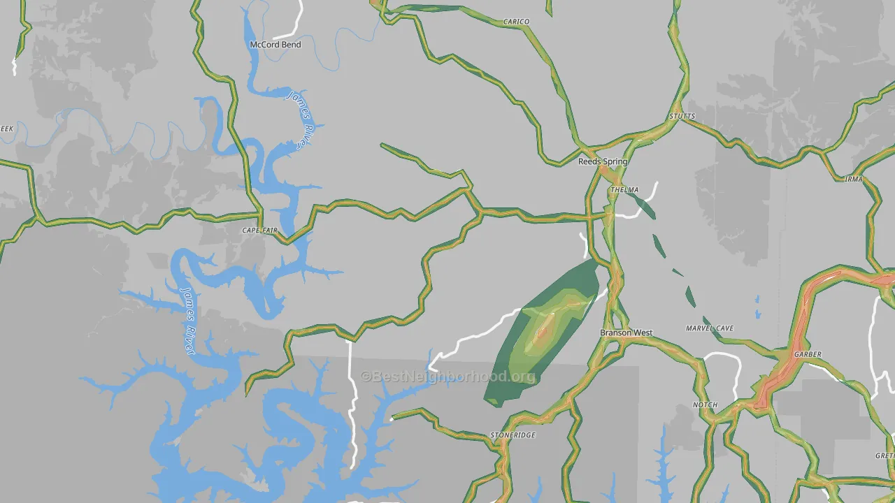 Stone County, MO Map of Noise Levels in Stone County