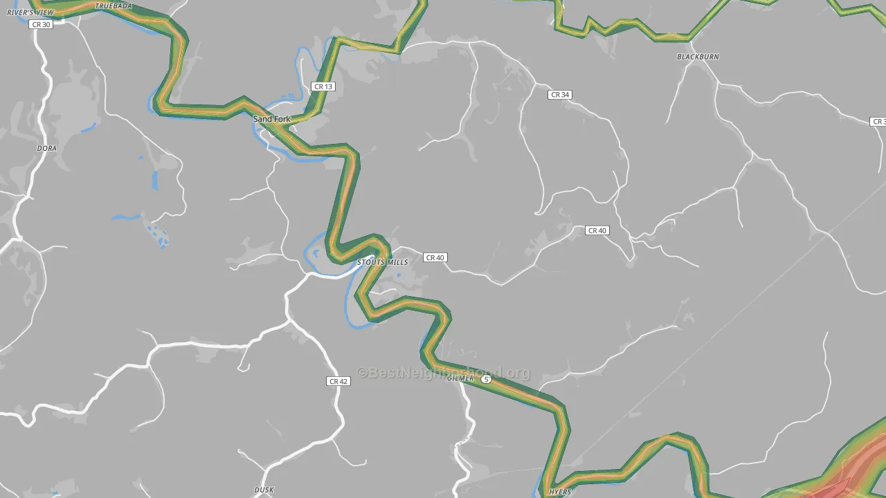 Stouts Mills, WV Map of Noise Levels in Stouts Mills