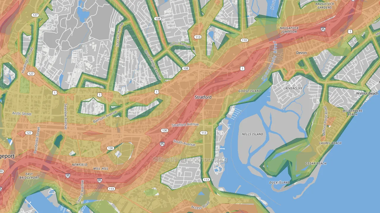 Stratford Center Historic District, Stratford, CT Map of Noise Levels in Stratford Center Historic District