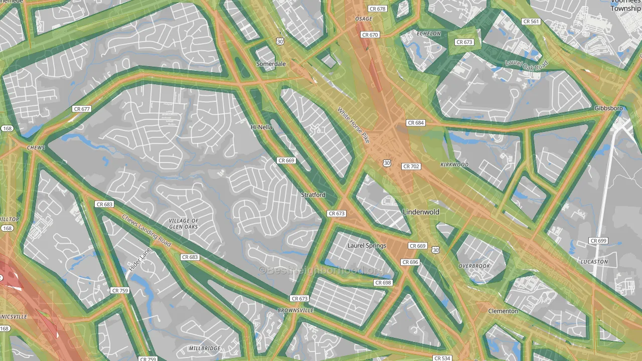Stratford, NJ Map of Noise Levels in Stratford