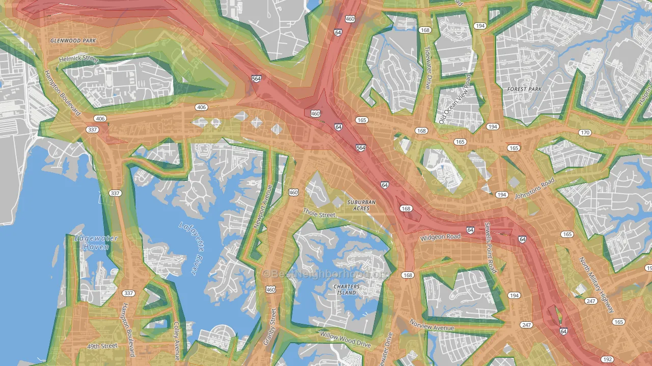 Suburban Acres, Norfolk, VA Map of Noise Levels in Suburban Acres