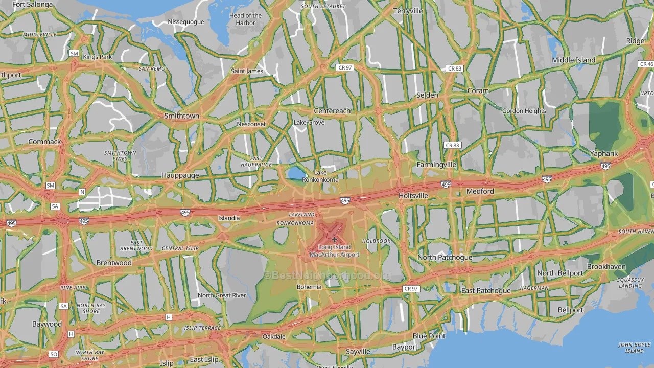 Suffolk County, NY Map of Noise Levels in Suffolk County