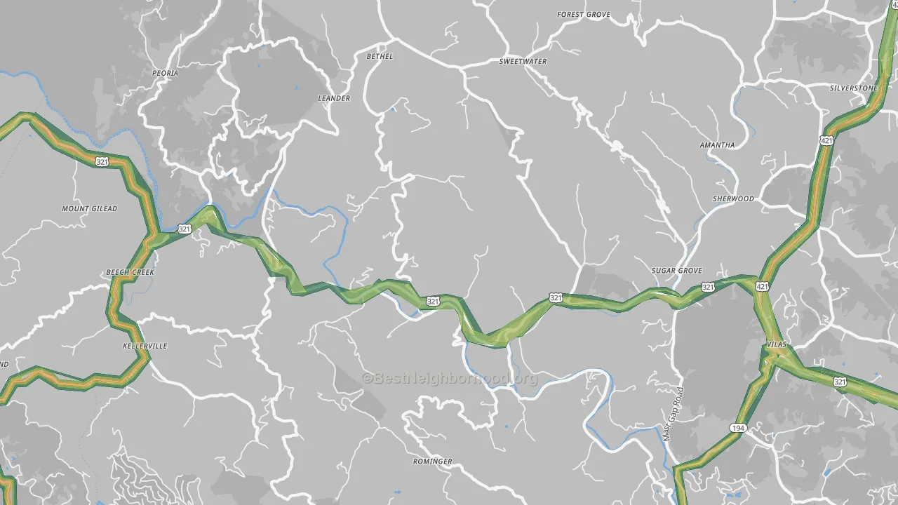 Sugar Grove, NC Map of Noise Levels in Sugar Grove