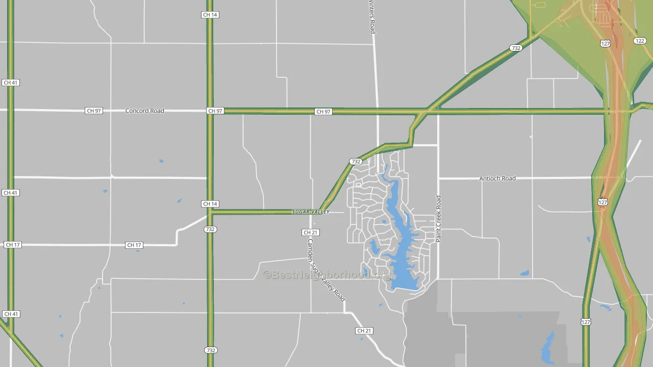 Sugar Valley, OH Map of Noise Levels in Sugar Valley