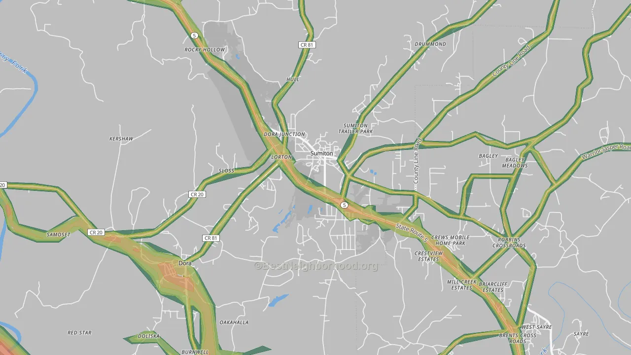Sumiton, AL Map of Noise Levels in Sumiton