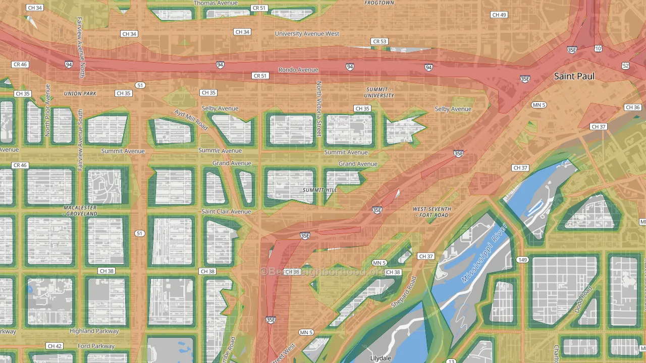 Summit Hill, St. Paul, MN Map of Noise Levels in Summit Hill