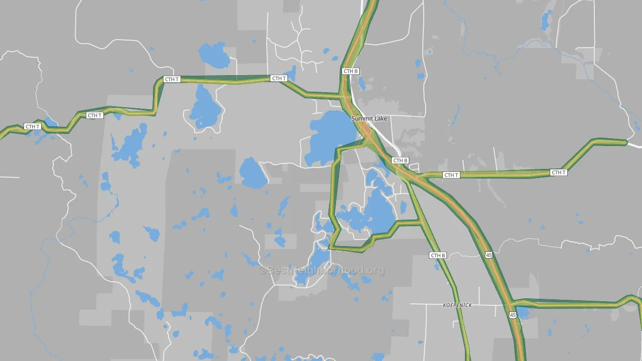 Summit Lake, WI Map of Noise Levels in Summit Lake