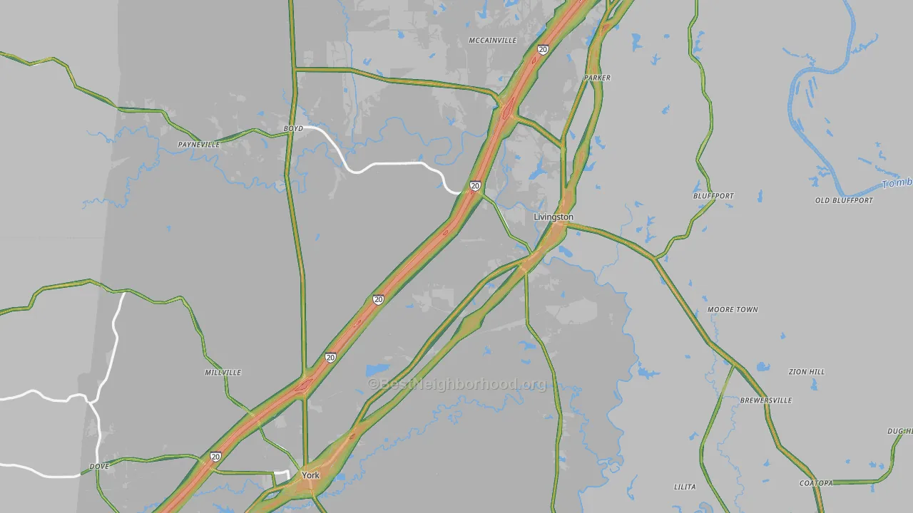Sumter County, AL Map of Noise Levels in Sumter County