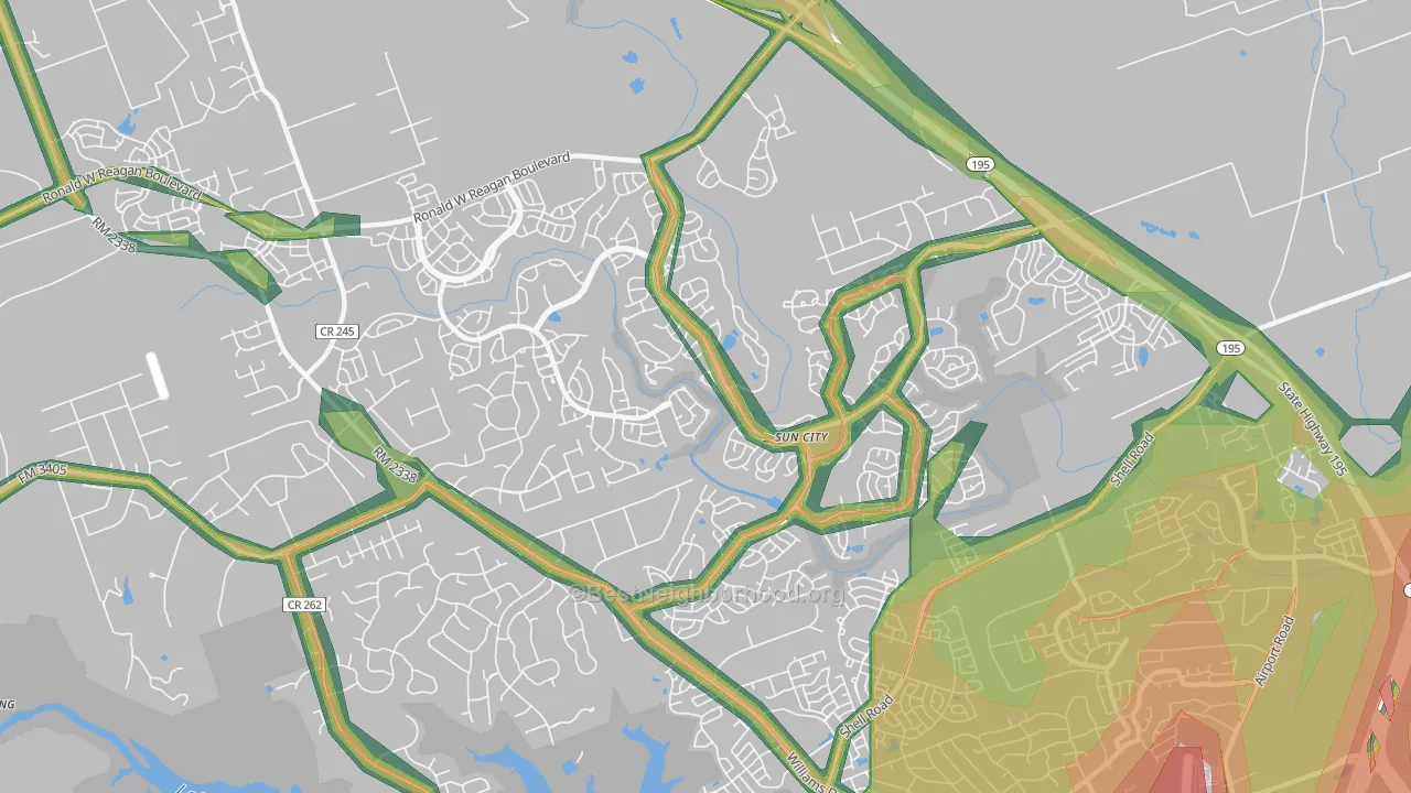 Sun City, Georgetown, TX Map of Noise Levels in Sun City