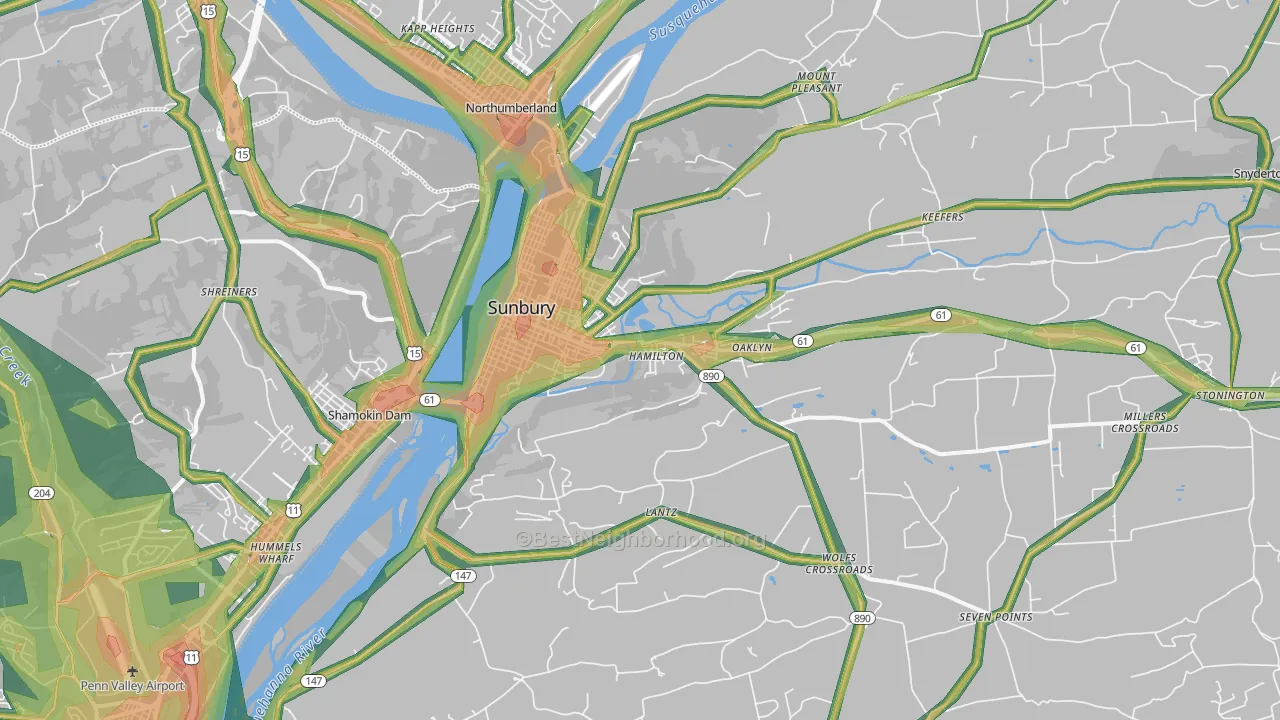 Sunbury, PA Map of Noise Levels in Sunbury