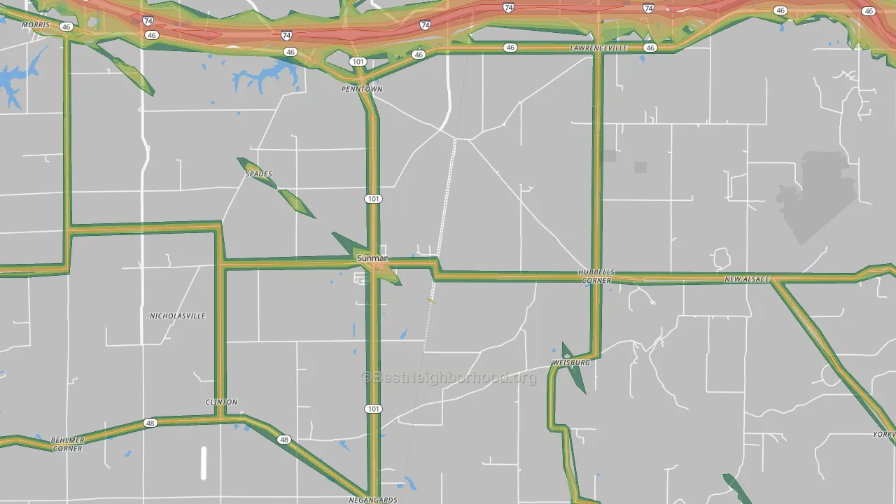 Sunman, IN Map of Noise Levels in Sunman