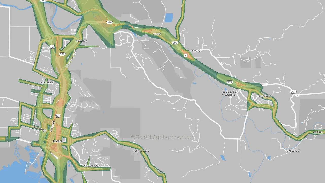 Sunny Brae, CA Map of Noise Levels in Sunny Brae