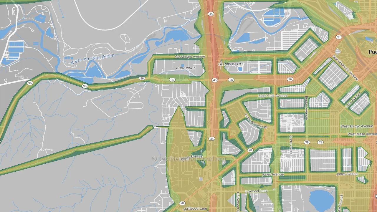 Sunnyheights, Pueblo, CO Map of Noise Levels in Sunnyheights