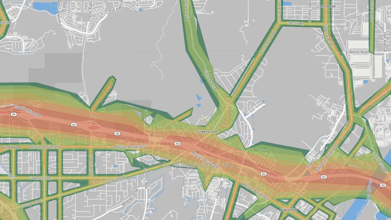 Sunnyslope, Riverside, CA Map of Noise Levels in Sunnyslope