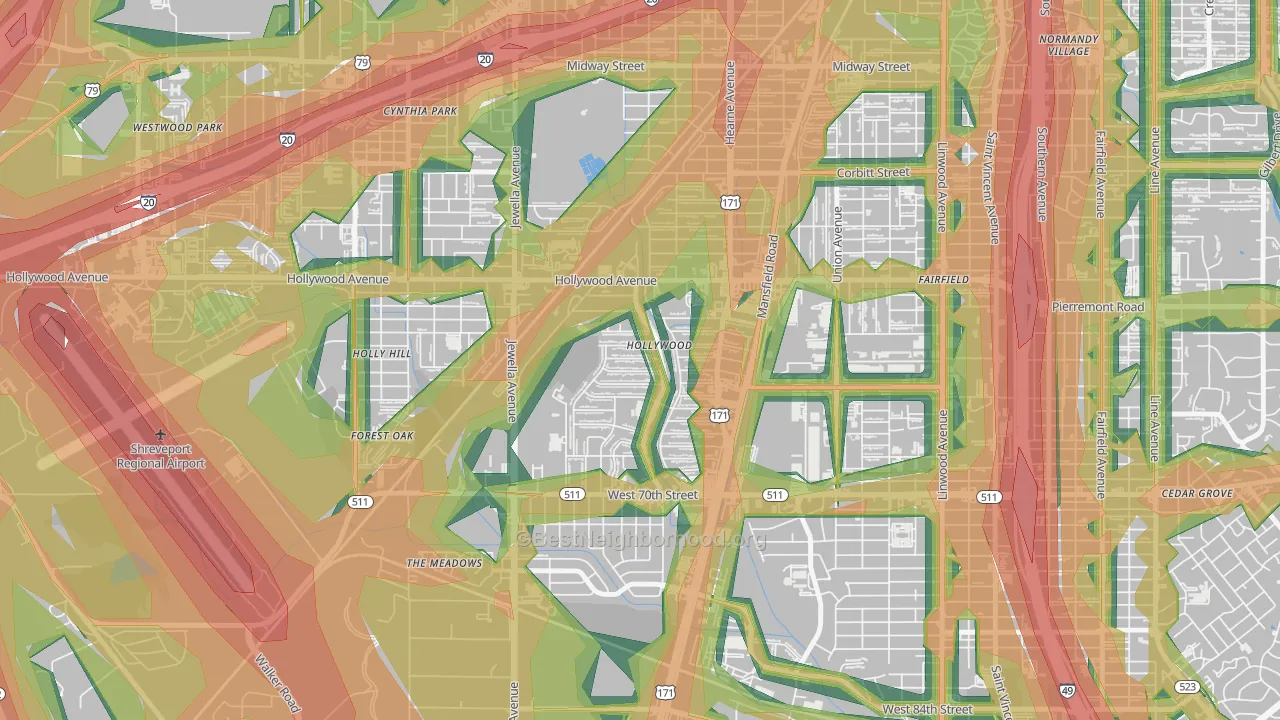 Sunset Arcre-Garden Valley-Morningside, Shreveport, LA Map of Noise Levels in Sunset Arcre-Garden Valley-Morningside