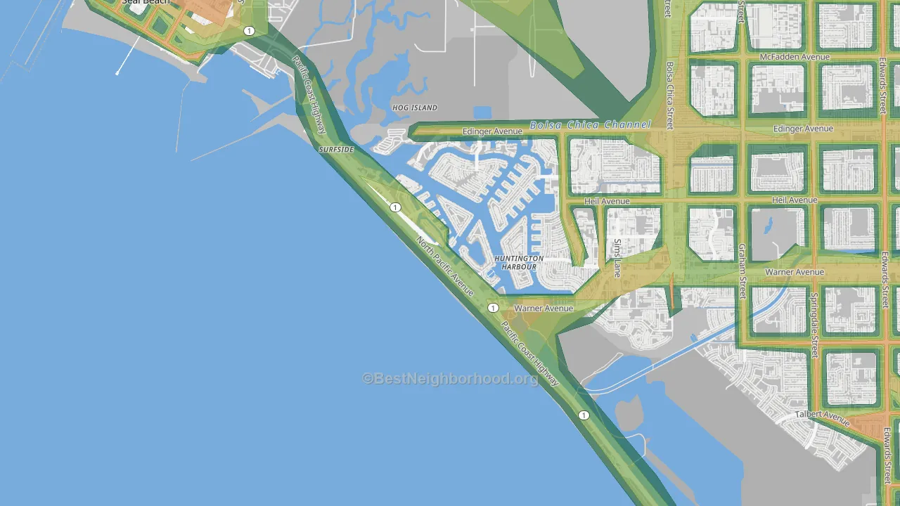Sunset Beach, CA Map of Noise Levels in Sunset Beach
