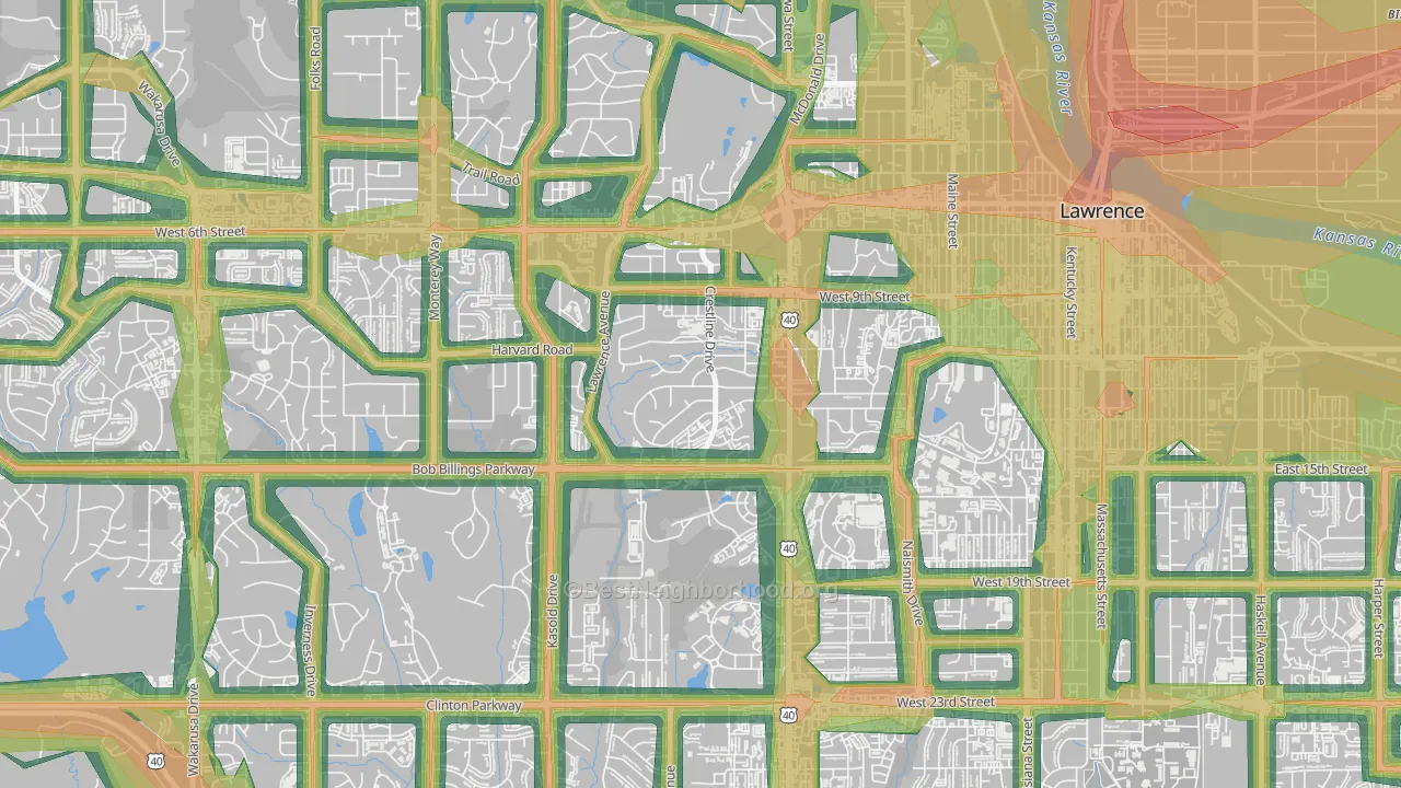 Sunset Hills, Lawrence, KS Map of Noise Levels in Sunset Hills