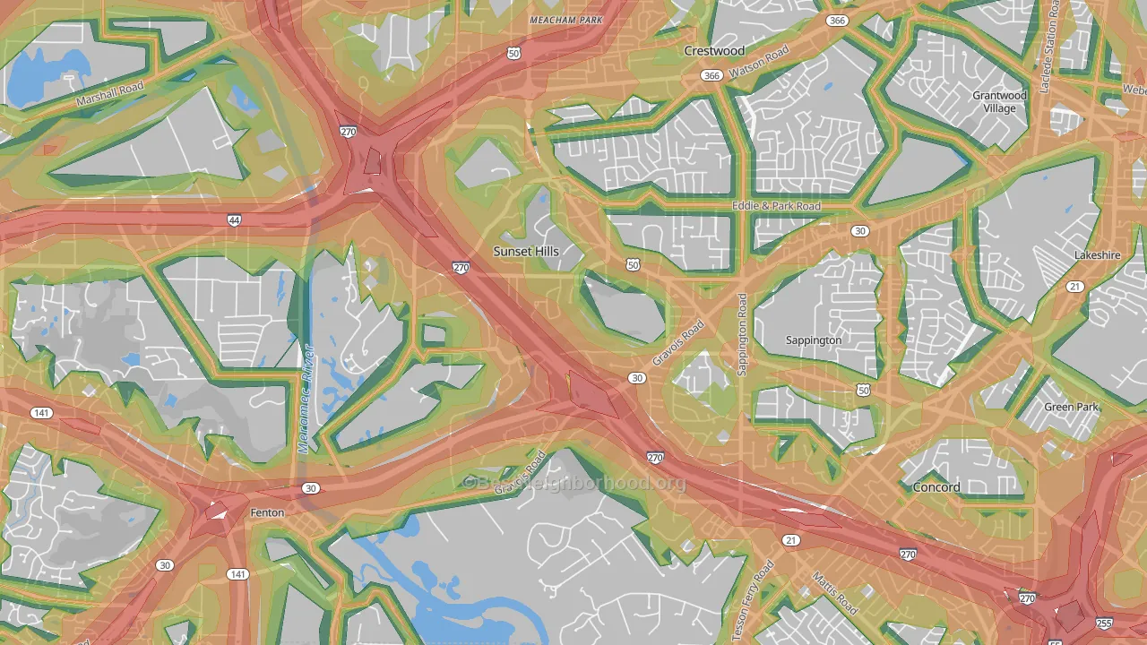 Sunset Hills, MO Map of Noise Levels in Sunset Hills