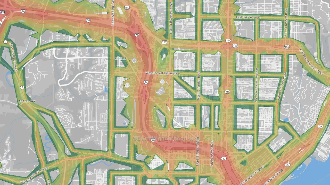 Sunset Hills, Peoria, IL Map of Noise Levels in Sunset Hills