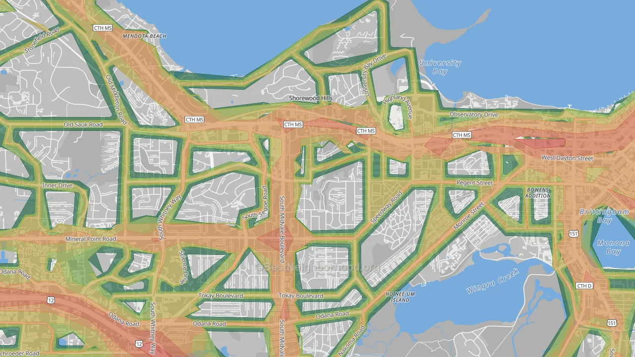Sunset Village, Madison, WI Map of Noise Levels in Sunset Village