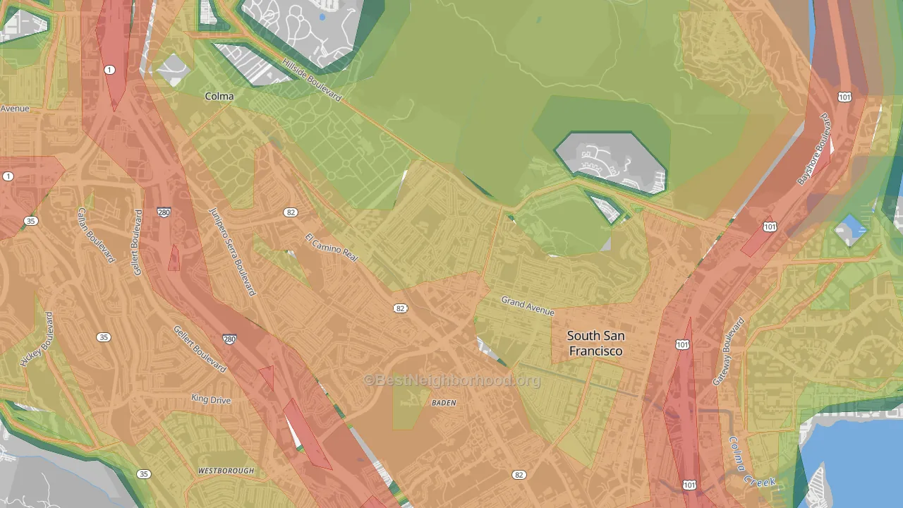 Sunshine Gardens, South San Francisco, CA Map of Noise Levels in Sunshine Gardens