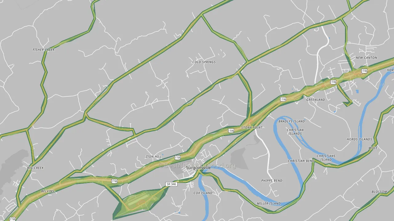 Surgoinsville, TN Map of Noise Levels in Surgoinsville