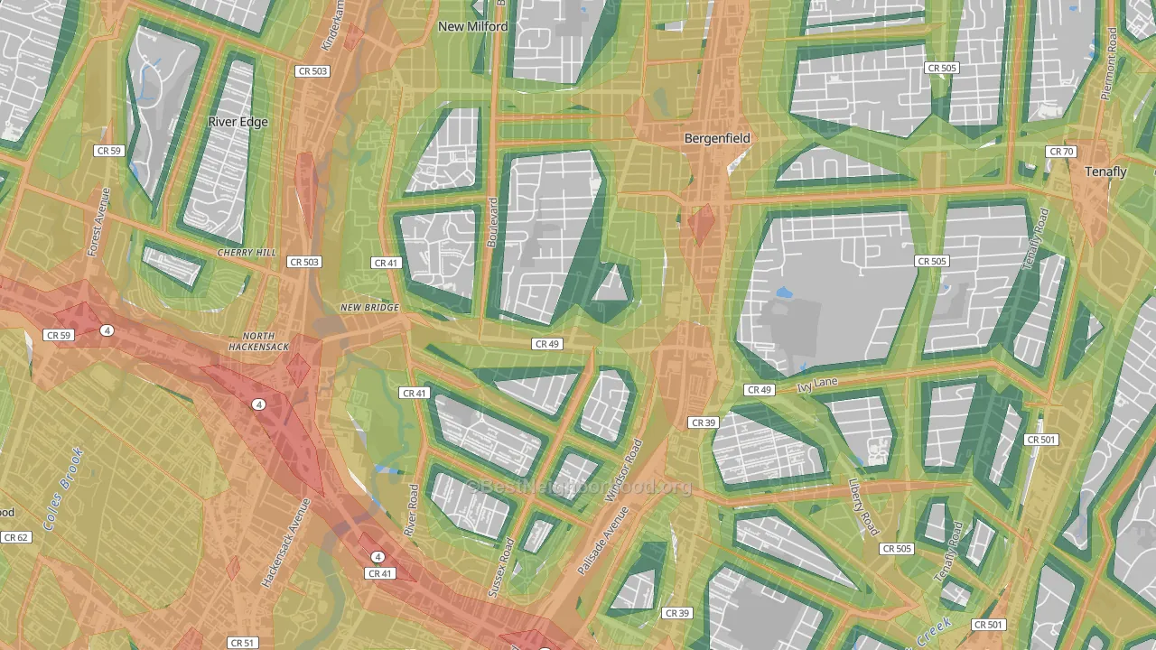 Surrey Lane, Bergenfield, NJ Map of Noise Levels in Surrey Lane