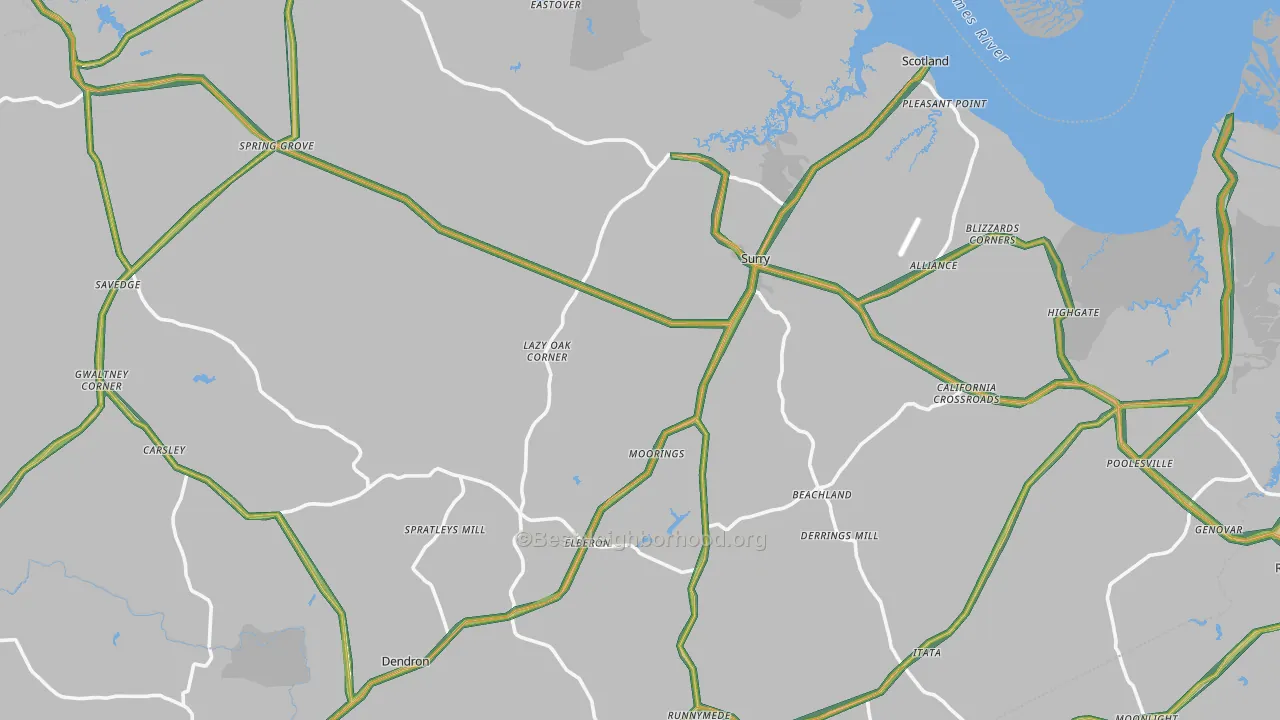 Surry County, VA Map of Noise Levels in Surry County