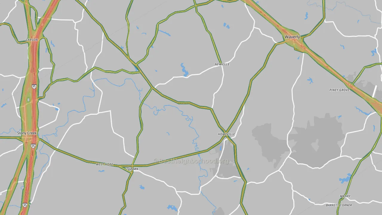 Sussex County, VA Map of Noise Levels in Sussex County