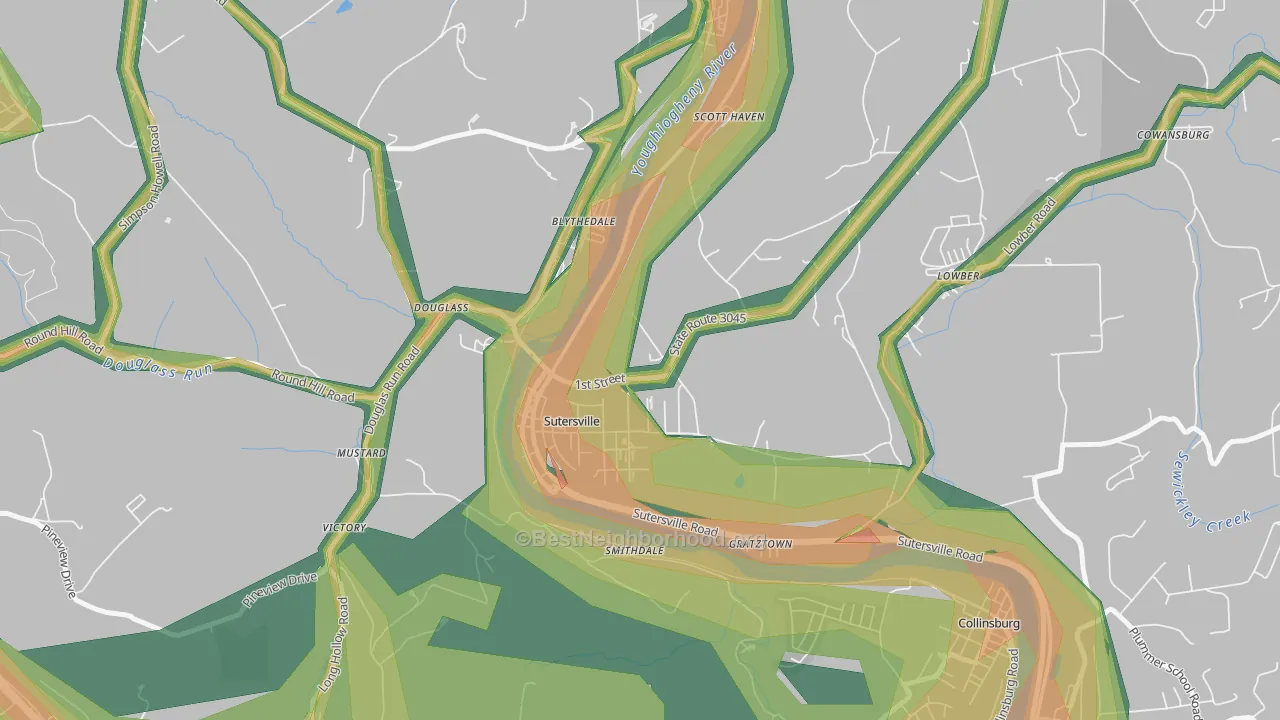 Sutersville, PA Map of Noise Levels in Sutersville