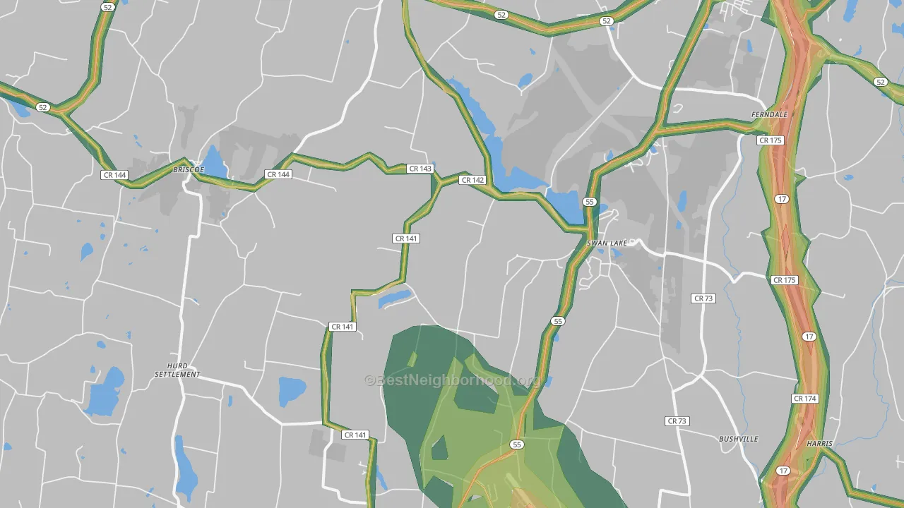 Swan Lake, NY Map of Noise Levels in Swan Lake