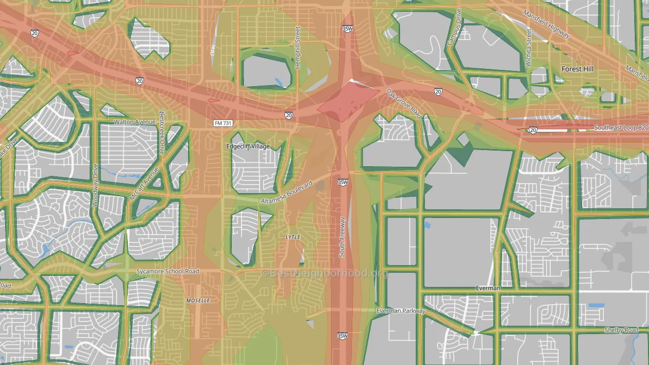 Sycamore, Fort Worth, TX Map of Noise Levels in Sycamore