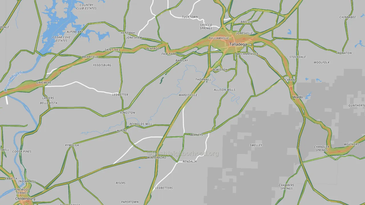 Talladega County, AL Map of Noise Levels in Talladega County