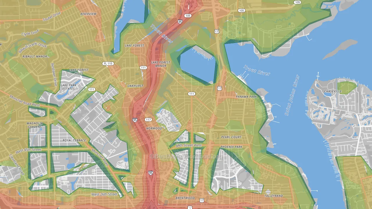 Tallulah-North Shore, Jacksonville, FL Map of Noise Levels in Tallulah-North Shore