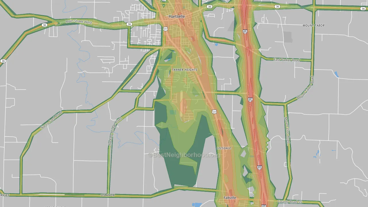 Tanner Heights, AL Map of Noise Levels in Tanner Heights