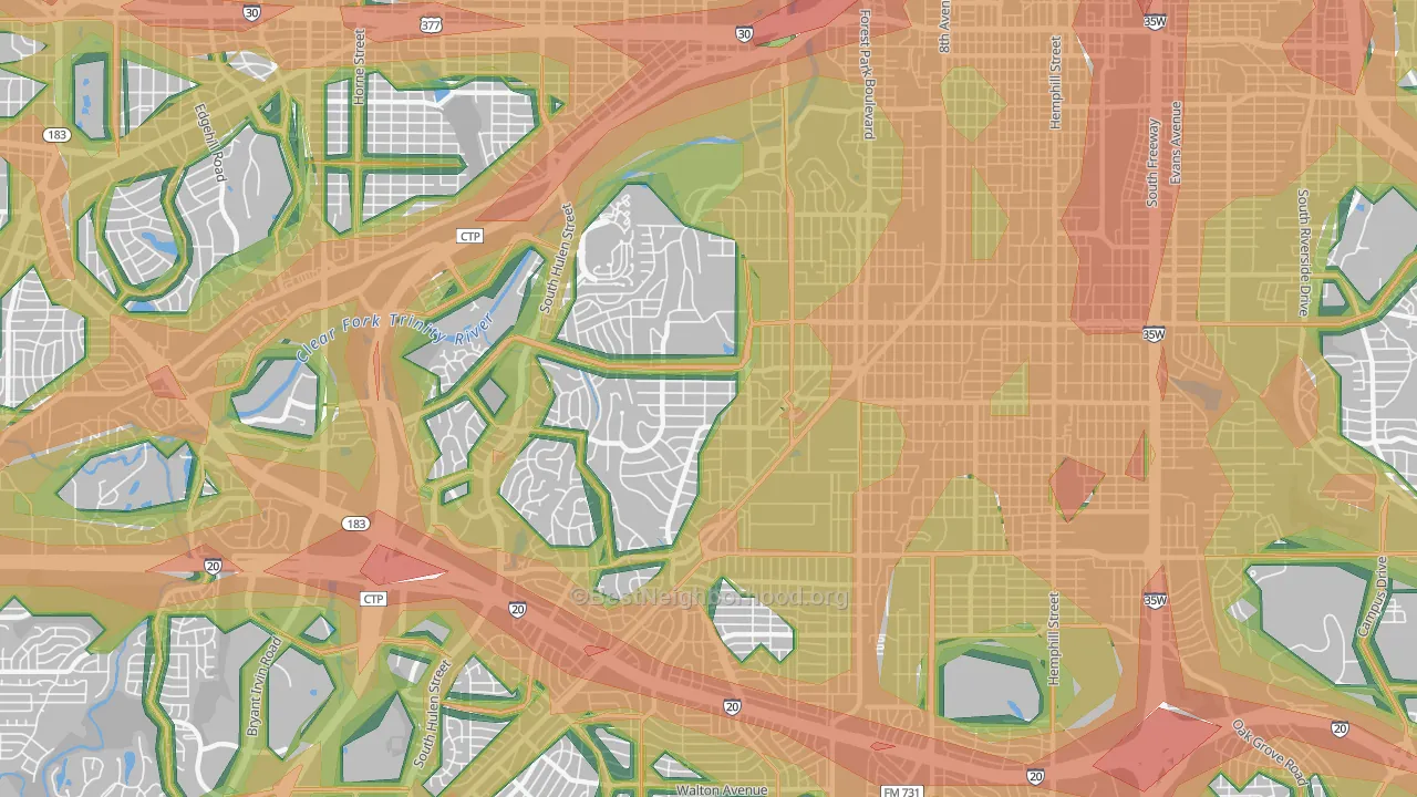 TCU-West Cliff, Fort Worth, TX Map of Noise Levels in TCU-West Cliff