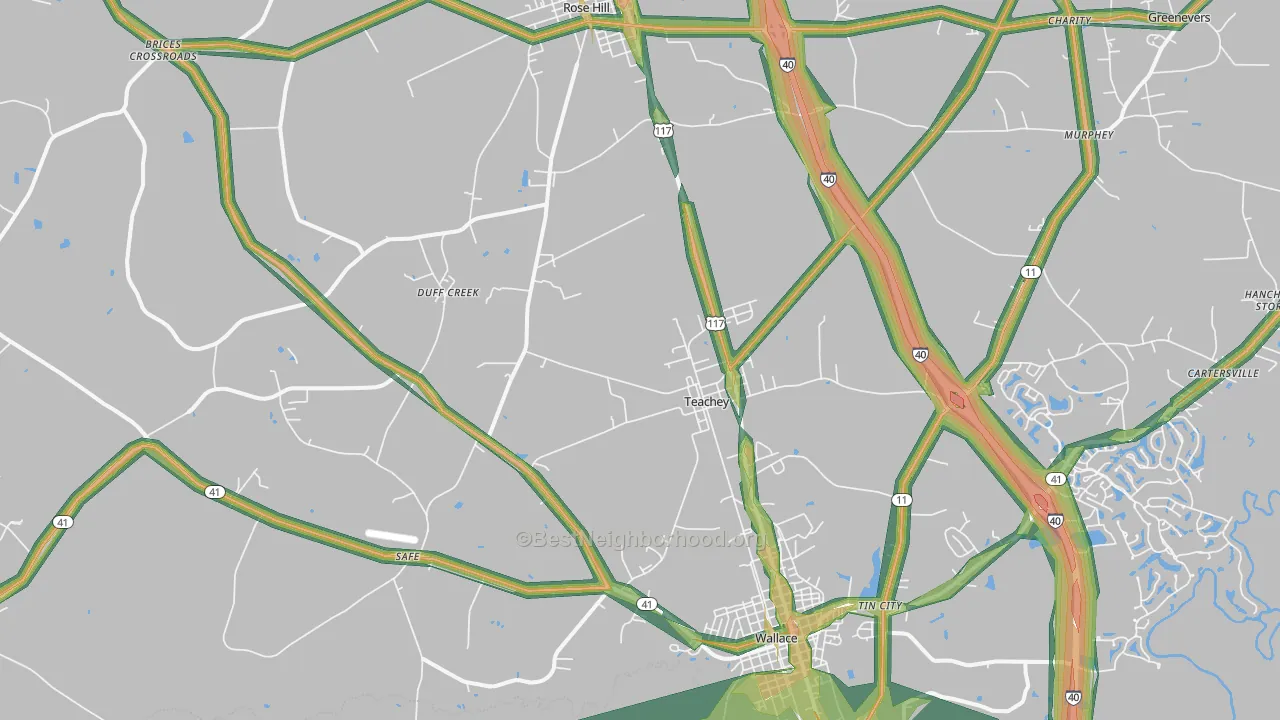 Teachey, NC Map of Noise Levels in Teachey